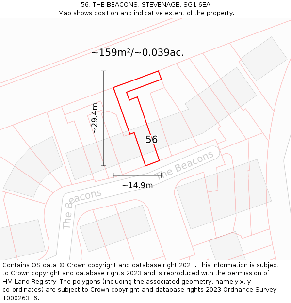 56, THE BEACONS, STEVENAGE, SG1 6EA: Plot and title map