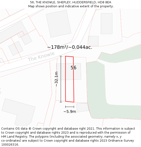 56, THE KNOWLE, SHEPLEY, HUDDERSFIELD, HD8 8EA: Plot and title map