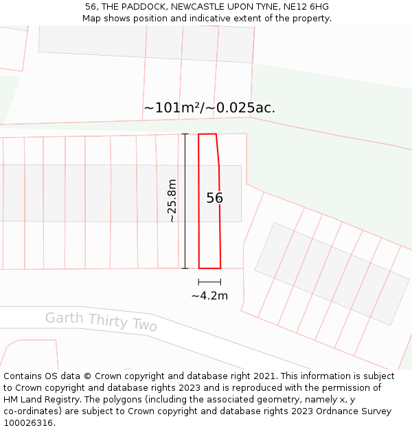 56, THE PADDOCK, NEWCASTLE UPON TYNE, NE12 6HG: Plot and title map