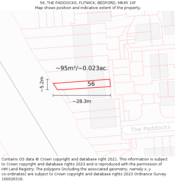 56, THE PADDOCKS, FLITWICK, BEDFORD, MK45 1XF: Plot and title map