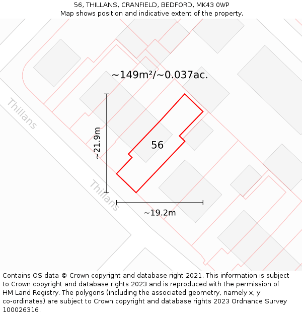 56, THILLANS, CRANFIELD, BEDFORD, MK43 0WP: Plot and title map