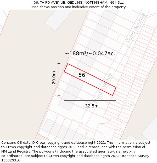 56, THIRD AVENUE, GEDLING, NOTTINGHAM, NG4 3LL: Plot and title map
