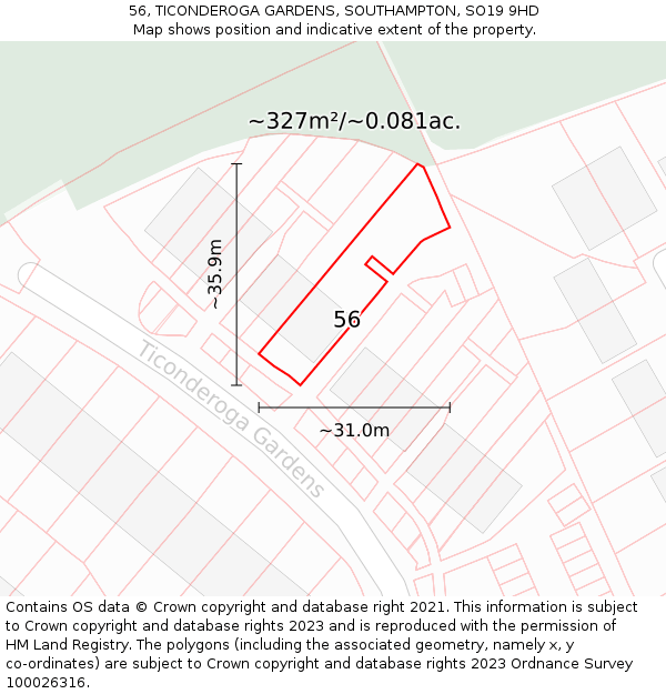 56, TICONDEROGA GARDENS, SOUTHAMPTON, SO19 9HD: Plot and title map