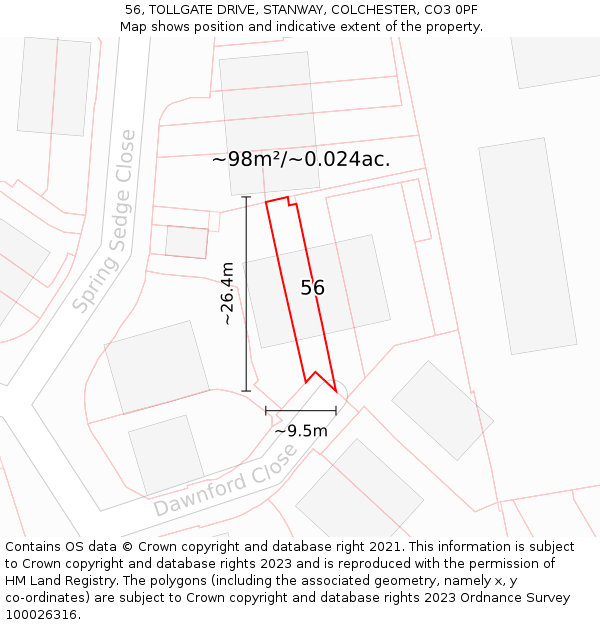 56, TOLLGATE DRIVE, STANWAY, COLCHESTER, CO3 0PF: Plot and title map