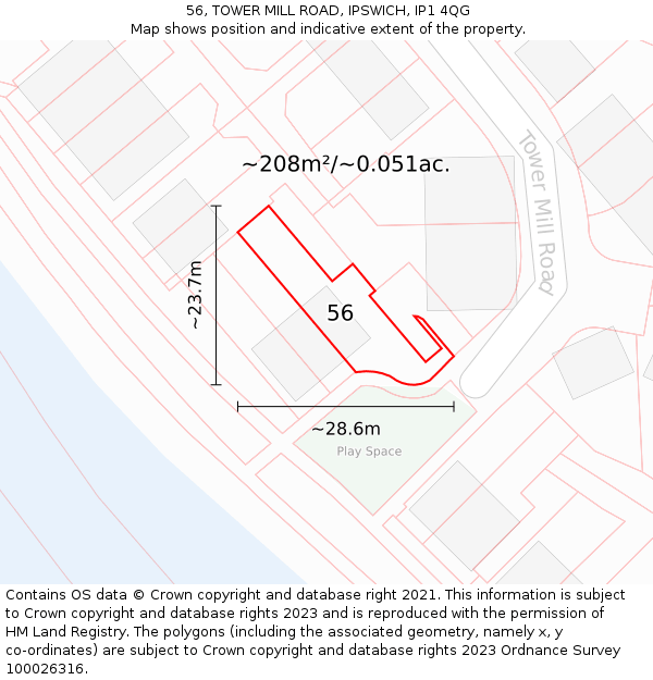 56, TOWER MILL ROAD, IPSWICH, IP1 4QG: Plot and title map