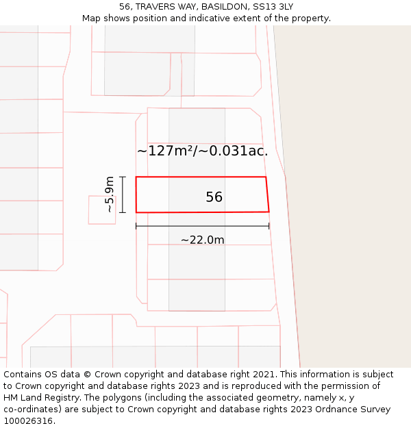 56, TRAVERS WAY, BASILDON, SS13 3LY: Plot and title map