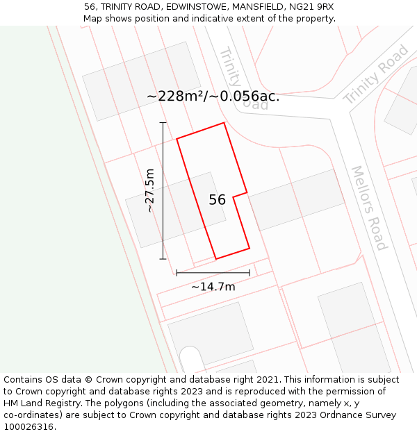 56, TRINITY ROAD, EDWINSTOWE, MANSFIELD, NG21 9RX: Plot and title map