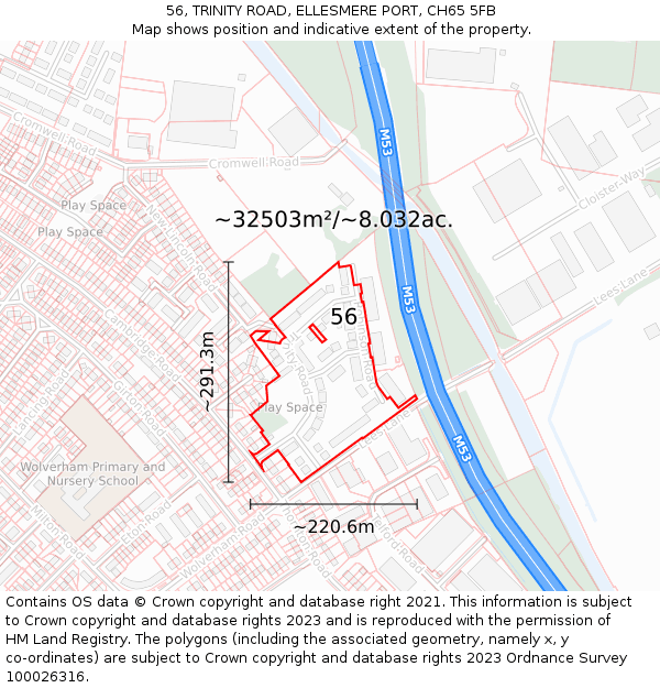 56, TRINITY ROAD, ELLESMERE PORT, CH65 5FB: Plot and title map