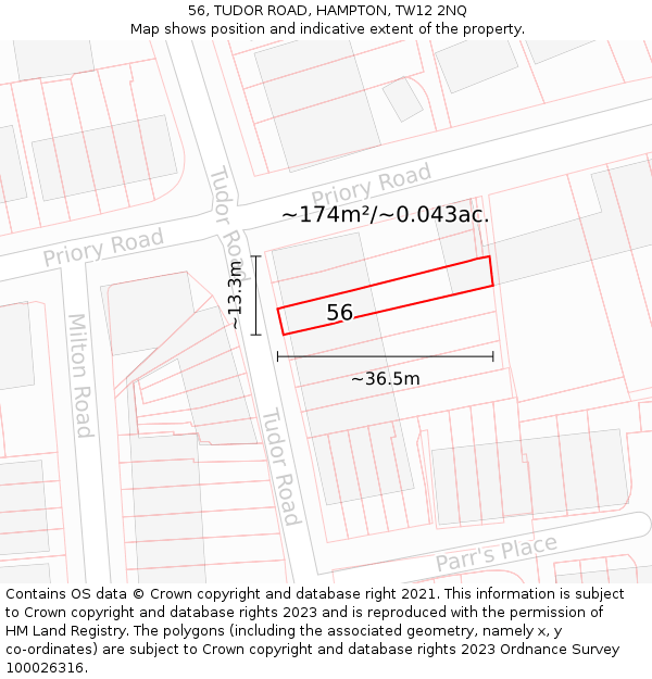 56, TUDOR ROAD, HAMPTON, TW12 2NQ: Plot and title map