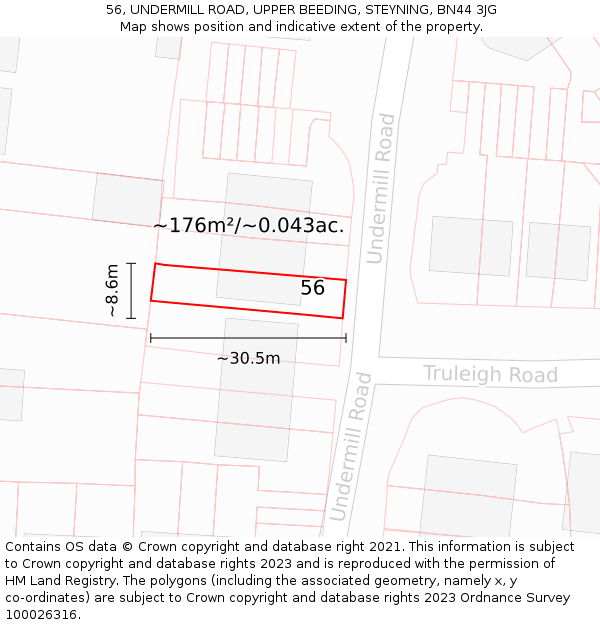 56, UNDERMILL ROAD, UPPER BEEDING, STEYNING, BN44 3JG: Plot and title map