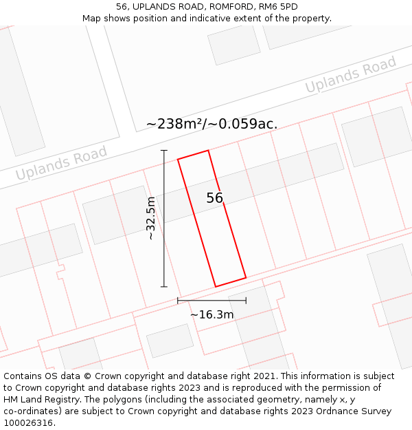 56, UPLANDS ROAD, ROMFORD, RM6 5PD: Plot and title map