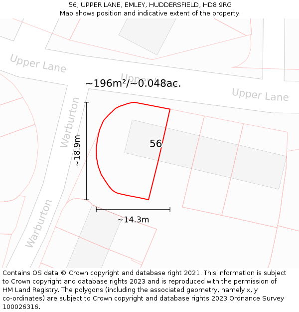 56, UPPER LANE, EMLEY, HUDDERSFIELD, HD8 9RG: Plot and title map
