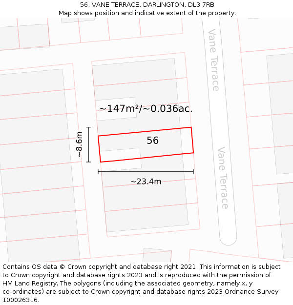 56, VANE TERRACE, DARLINGTON, DL3 7RB: Plot and title map