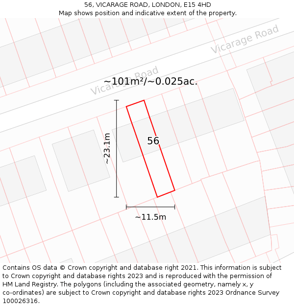 56, VICARAGE ROAD, LONDON, E15 4HD: Plot and title map