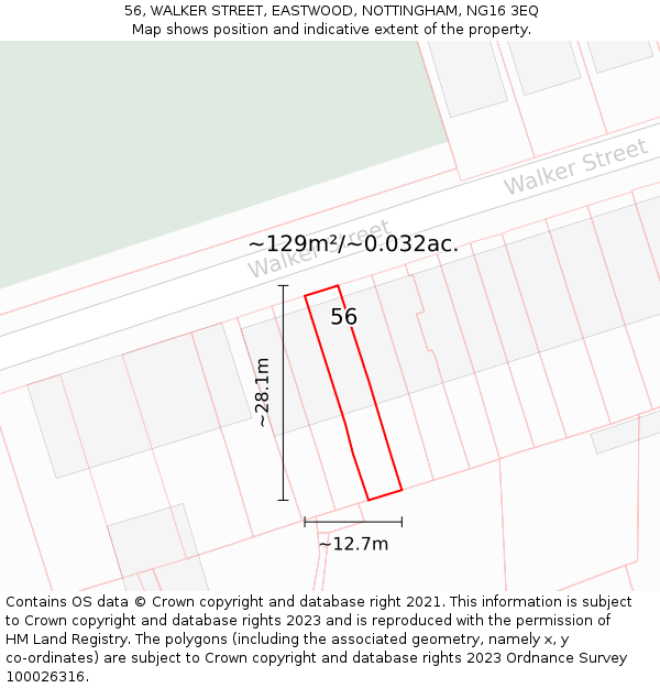 56, WALKER STREET, EASTWOOD, NOTTINGHAM, NG16 3EQ: Plot and title map