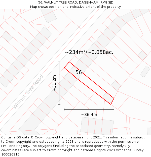 56, WALNUT TREE ROAD, DAGENHAM, RM8 3JD: Plot and title map