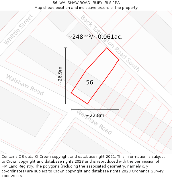 56, WALSHAW ROAD, BURY, BL8 1PA: Plot and title map