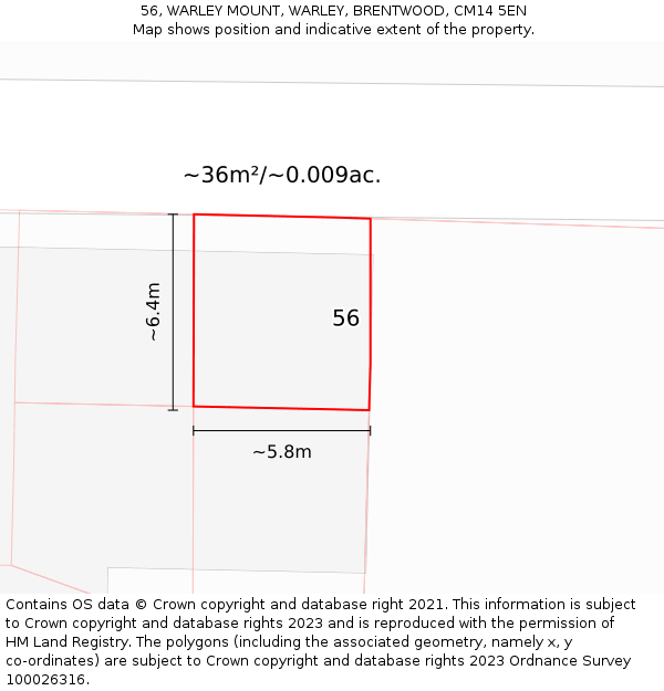 56, WARLEY MOUNT, WARLEY, BRENTWOOD, CM14 5EN: Plot and title map