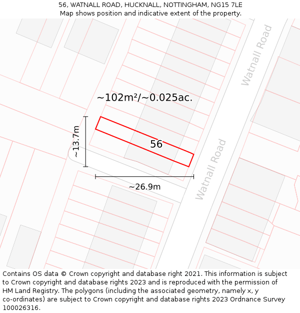56, WATNALL ROAD, HUCKNALL, NOTTINGHAM, NG15 7LE: Plot and title map