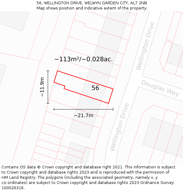 56, WELLINGTON DRIVE, WELWYN GARDEN CITY, AL7 2NB: Plot and title map