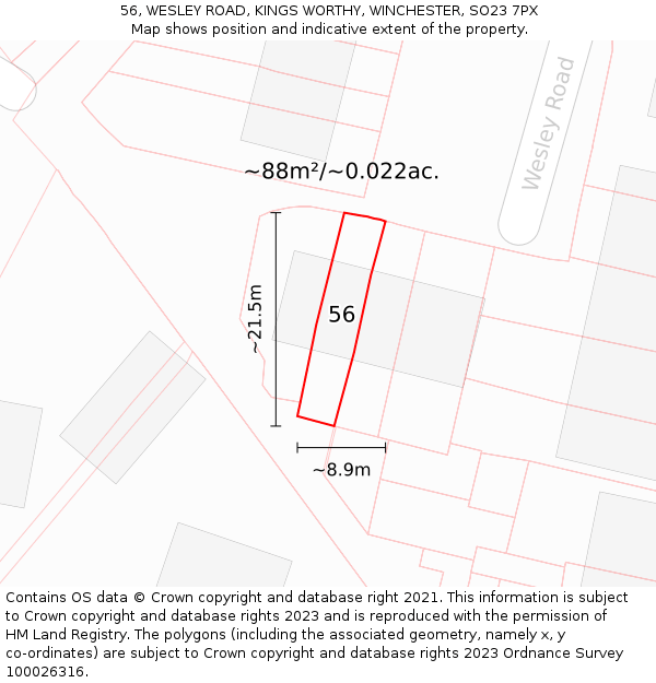 56, WESLEY ROAD, KINGS WORTHY, WINCHESTER, SO23 7PX: Plot and title map