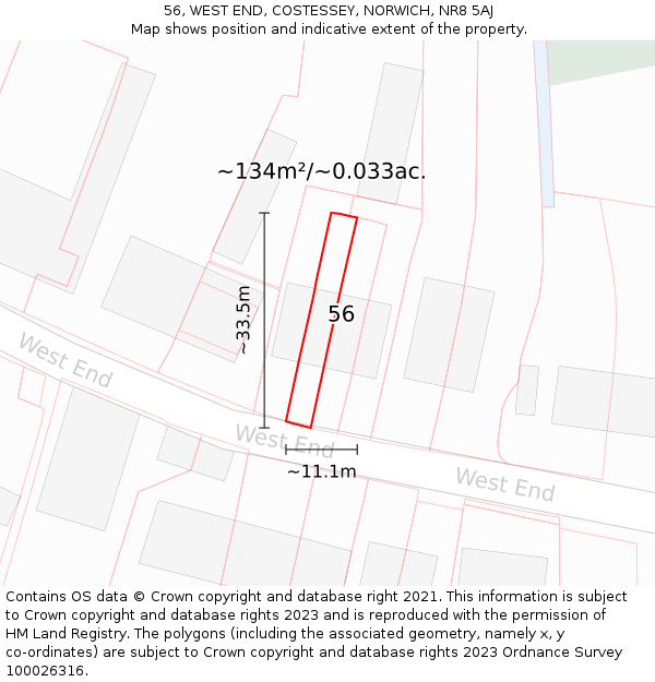 56, WEST END, COSTESSEY, NORWICH, NR8 5AJ: Plot and title map
