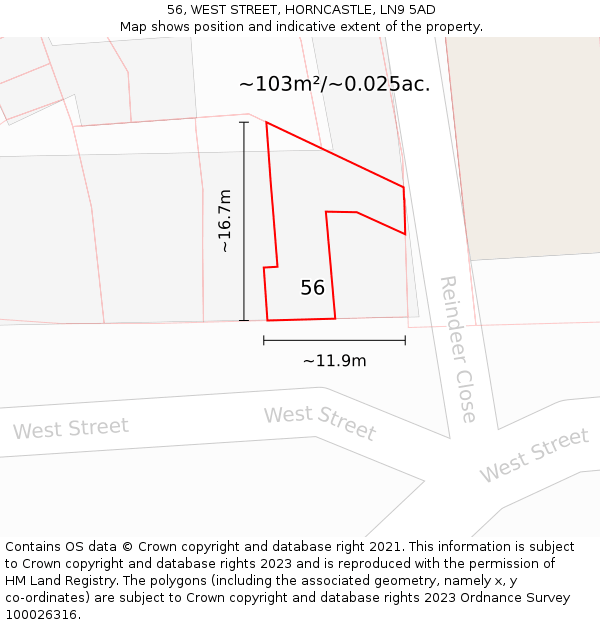 56, WEST STREET, HORNCASTLE, LN9 5AD: Plot and title map