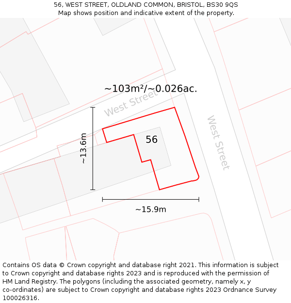 56, WEST STREET, OLDLAND COMMON, BRISTOL, BS30 9QS: Plot and title map