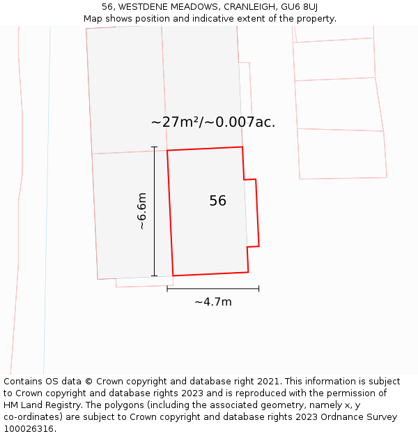 56, WESTDENE MEADOWS, CRANLEIGH, GU6 8UJ: Plot and title map