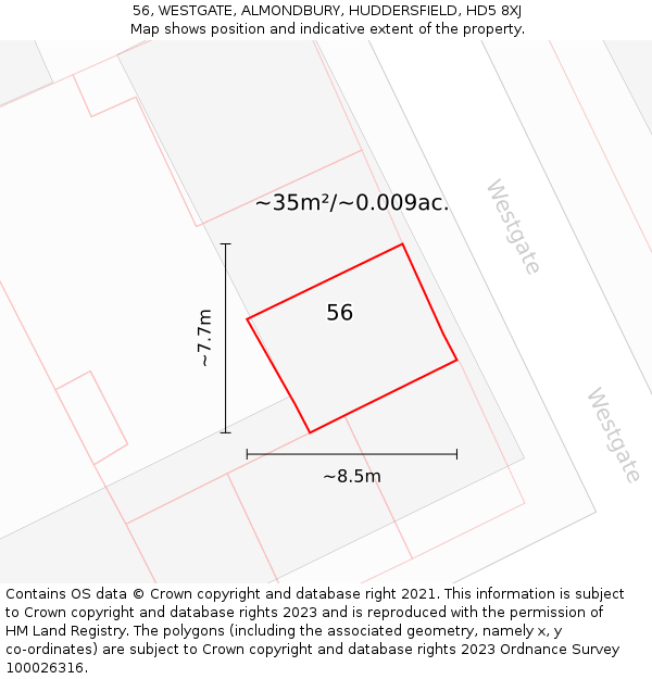 56, WESTGATE, ALMONDBURY, HUDDERSFIELD, HD5 8XJ: Plot and title map