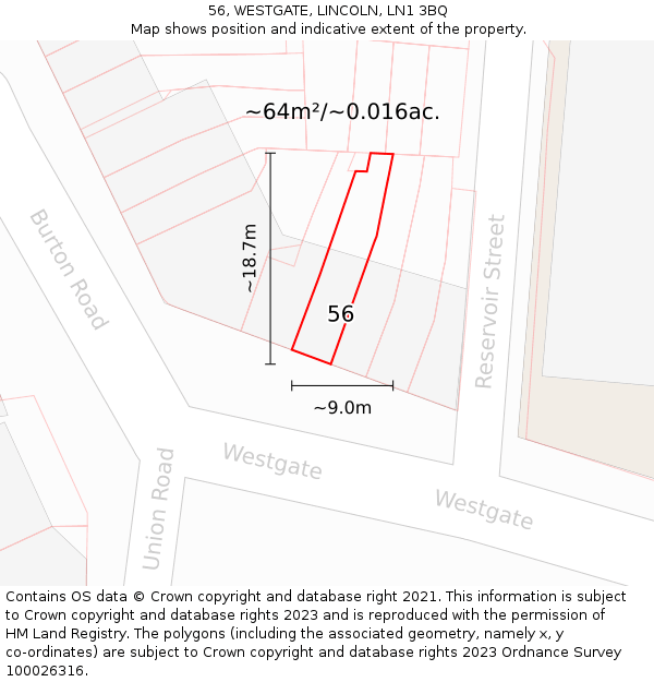 56, WESTGATE, LINCOLN, LN1 3BQ: Plot and title map