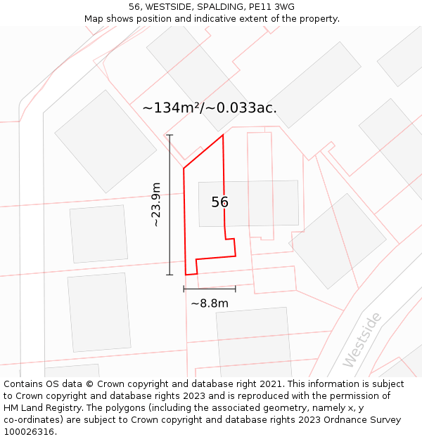 56, WESTSIDE, SPALDING, PE11 3WG: Plot and title map