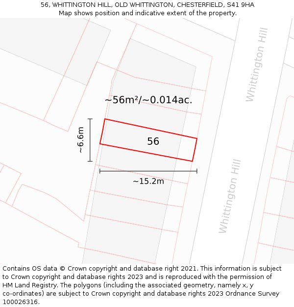 56, WHITTINGTON HILL, OLD WHITTINGTON, CHESTERFIELD, S41 9HA: Plot and title map