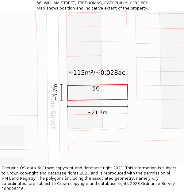 56, WILLIAM STREET, TRETHOMAS, CAERPHILLY, CF83 8FX: Plot and title map