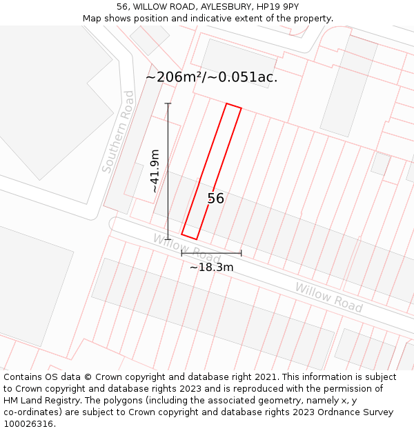 56, WILLOW ROAD, AYLESBURY, HP19 9PY: Plot and title map