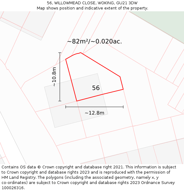 56, WILLOWMEAD CLOSE, WOKING, GU21 3DW: Plot and title map