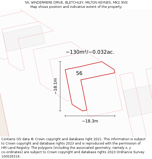 56, WINDERMERE DRIVE, BLETCHLEY, MILTON KEYNES, MK2 3NS: Plot and title map