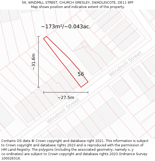 56, WINDMILL STREET, CHURCH GRESLEY, SWADLINCOTE, DE11 9PF: Plot and title map