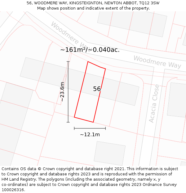 56, WOODMERE WAY, KINGSTEIGNTON, NEWTON ABBOT, TQ12 3SW: Plot and title map