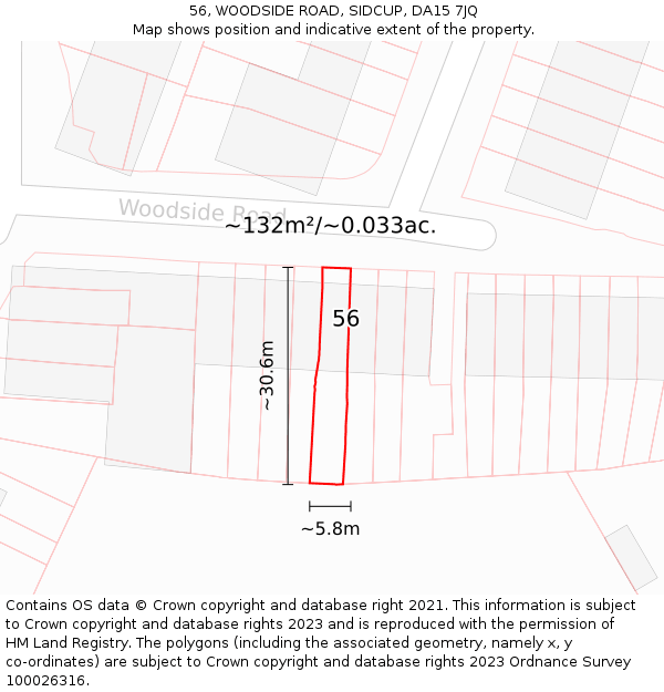 56, WOODSIDE ROAD, SIDCUP, DA15 7JQ: Plot and title map