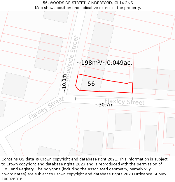 56, WOODSIDE STREET, CINDERFORD, GL14 2NS: Plot and title map