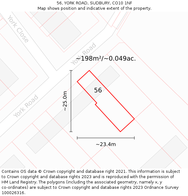 56, YORK ROAD, SUDBURY, CO10 1NF: Plot and title map