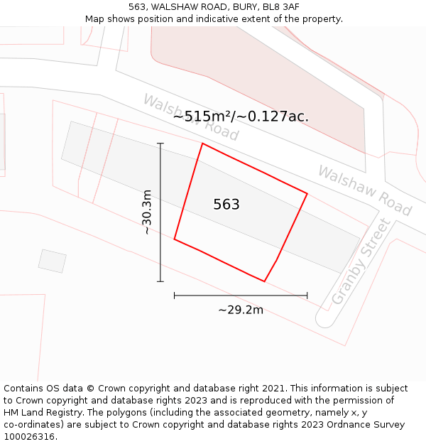 563, WALSHAW ROAD, BURY, BL8 3AF: Plot and title map