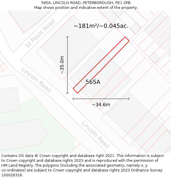 565A, LINCOLN ROAD, PETERBOROUGH, PE1 2PB: Plot and title map