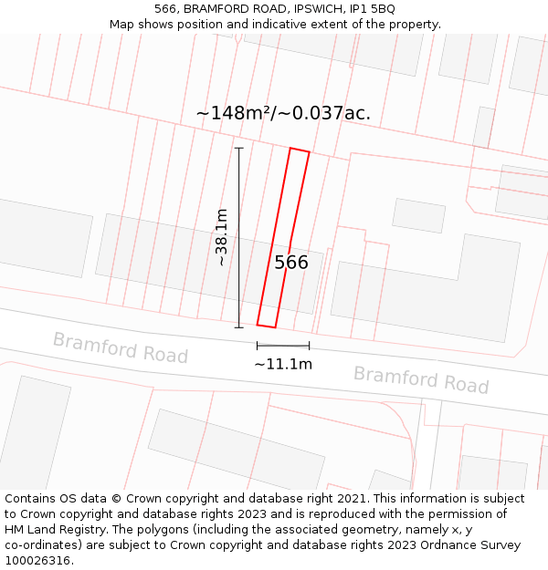 566, BRAMFORD ROAD, IPSWICH, IP1 5BQ: Plot and title map