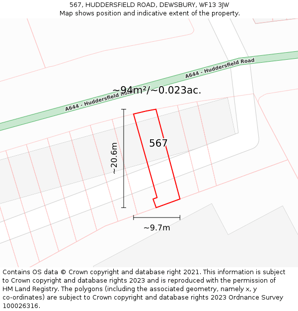 567, HUDDERSFIELD ROAD, DEWSBURY, WF13 3JW: Plot and title map