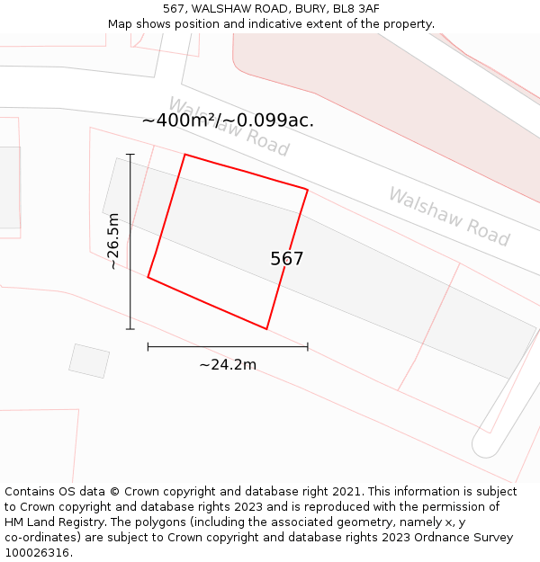 567, WALSHAW ROAD, BURY, BL8 3AF: Plot and title map