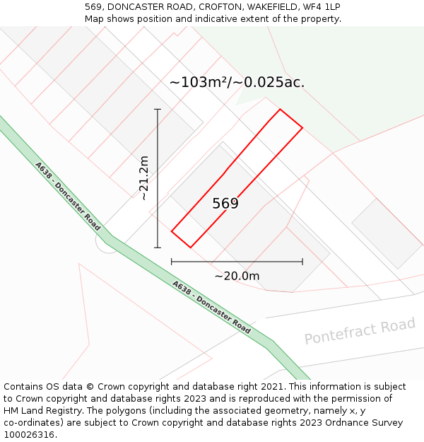 569, DONCASTER ROAD, CROFTON, WAKEFIELD, WF4 1LP: Plot and title map