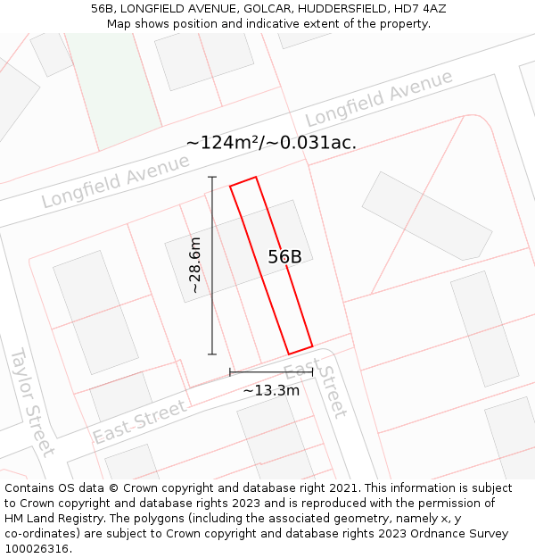 56B, LONGFIELD AVENUE, GOLCAR, HUDDERSFIELD, HD7 4AZ: Plot and title map