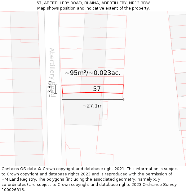 57, ABERTILLERY ROAD, BLAINA, ABERTILLERY, NP13 3DW: Plot and title map